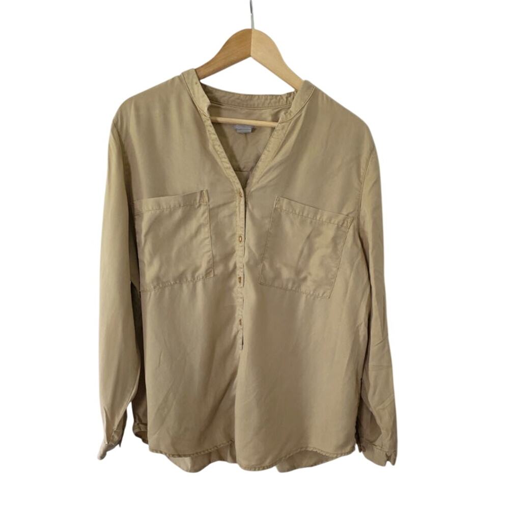 Chico's Women's Tan Utility Button-Up Blouse Top SZ 3 16 XL Mandarin Collar Soft